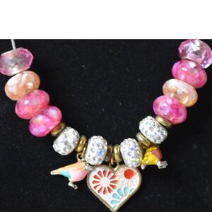 Summer Fun Flower Heart/ Bird Charms Rhinestone Accent Multi Color Bead Necklace